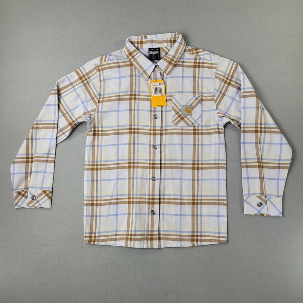 Carhartt Flannel Shirt Long Sleeve Blue Brown Ivory Plaid Boys M NWT